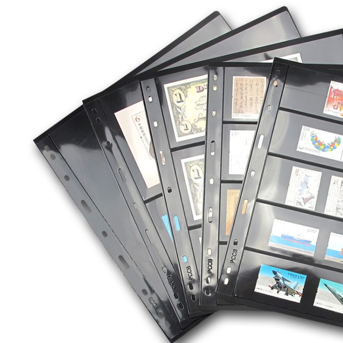 10Pcs/pack PET Metarial Stamp Inserts Widen 9-Hole Album Black Inner Sheets Card Stamp Money Banknote Collection Album Pages For Collecting Supplies 1 Row