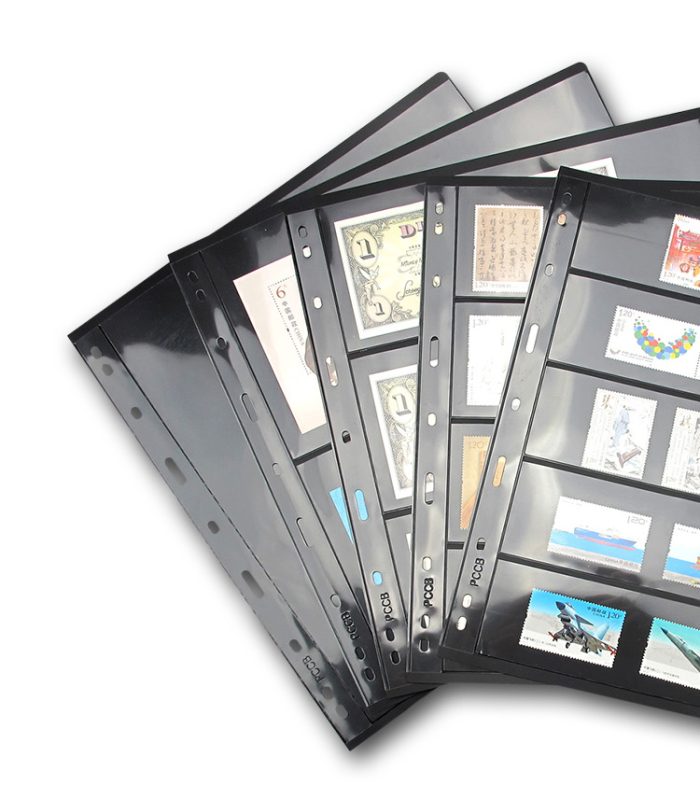 10Pcs/pack PET Metarial Stamp Inserts Widen 9-Hole Album Black Inner Sheets Card Stamp Money Banknote Collection Album Pages For Collecting Supplies 1 Row