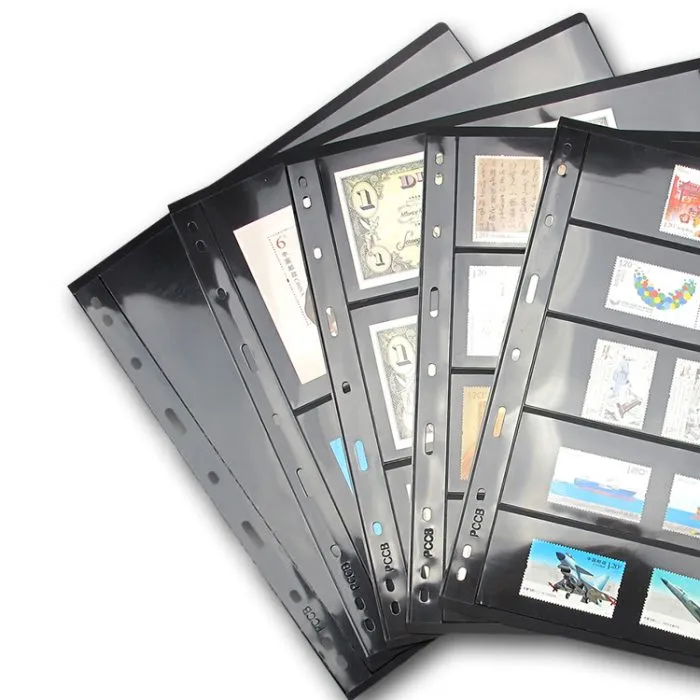 10Pcs/pack PET Metarial Stamp Inserts Widen 9-Hole Album Black Inner Sheets Card Stamp Money Banknote Collection Album Pages For Collecting Supplies 5 Rows