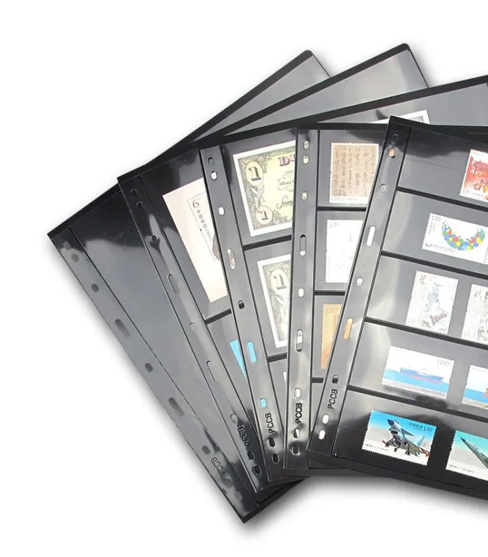 10Pcs/pack PET Metarial Stamp Inserts Widen 9-Hole Album Black Inner Sheets Card Stamp Money Banknote Collection Album Pages For Collecting Supplies 5 Rows