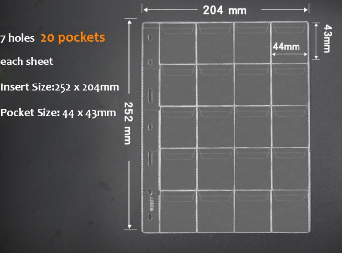 10 sheets/pack 7 Holes PVC Material Coin Pocket Insert Collecting Coins 20 Pockets 44mm x 43mm - Image 2